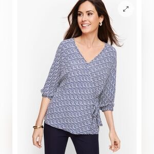 Talbots Blue Side Tie Faux Wrap Top Size Petite Medium NWT